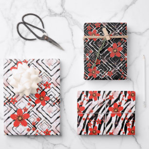 Red flowers on a white, black background. wrapping paper sheet