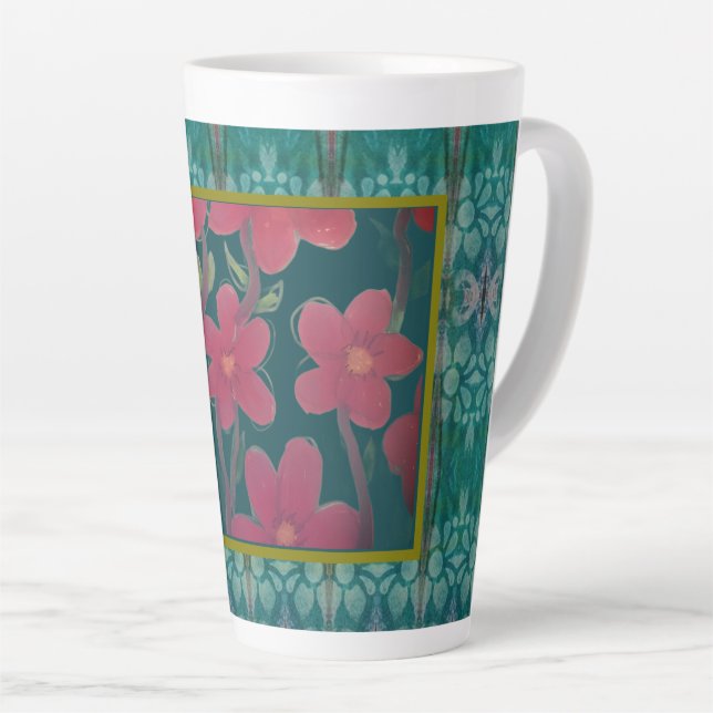 Red Flowers on Aqua Latte Mug (Right Angle)