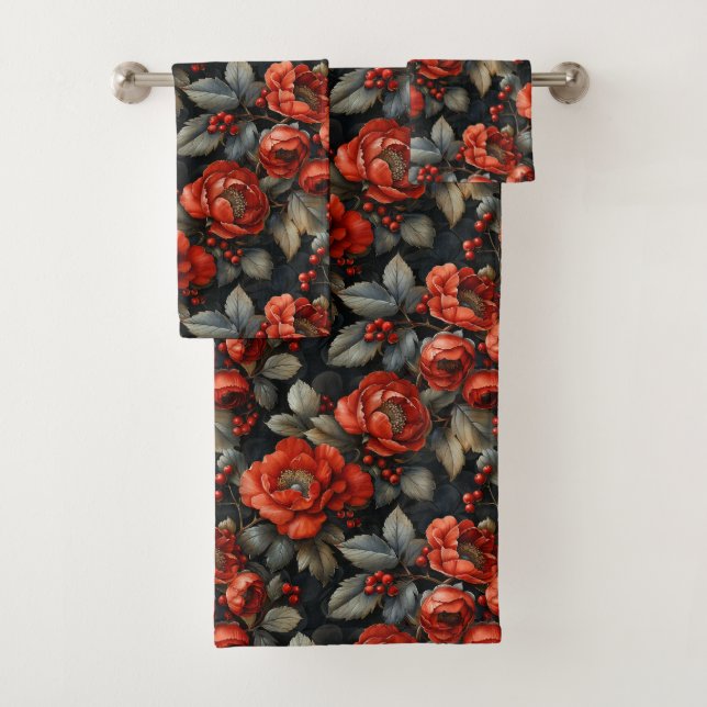 Red flowers on black bath towel set (Insitu)