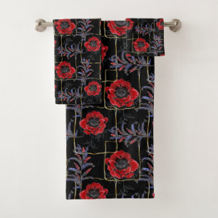 Red flowers on black. bath towel set