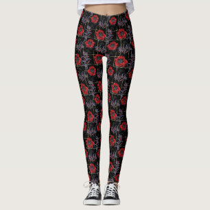 Red flowers on black. leggings