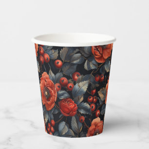 Red flowers on black paper cups