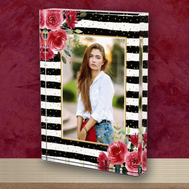Red Flowers on Black White Stripes Photo Block (Creator Uploaded)