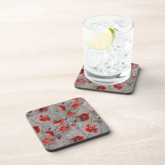 Red Flowers on Dark Grey, Red Poppies Floral Print Coaster