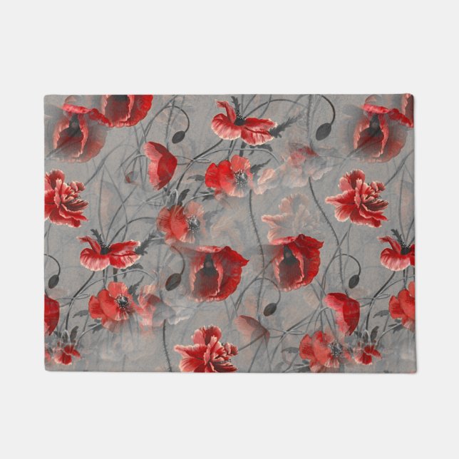 Red Flowers on Dark Grey, Red Poppies Floral Print Doormat (Front)