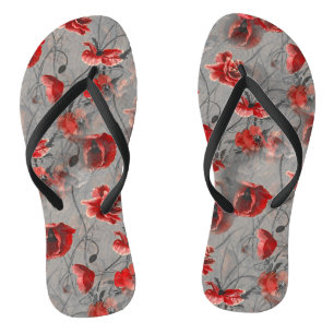 Red Flowers on Dark Grey, Red Poppies Floral Print Jandals