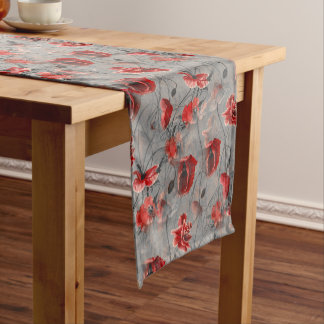 Red Flowers on Dark Grey, Red Poppies Floral Print Short Table Runner