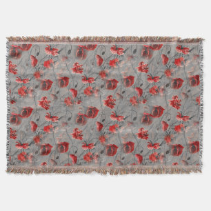 Red Flowers on Dark Grey, Red Poppies Floral Print Throw Blanket