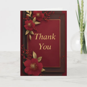 Red Flowers on Dark Red & Gold Thank You Card