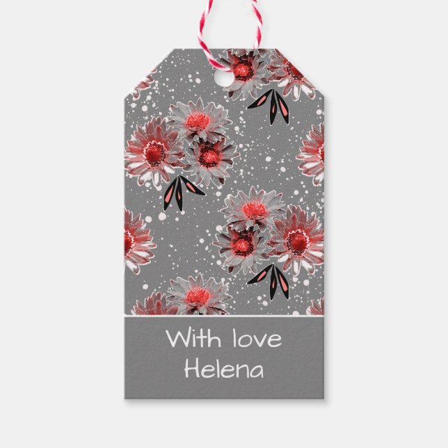 Red flowers on grey gift tags (Front)