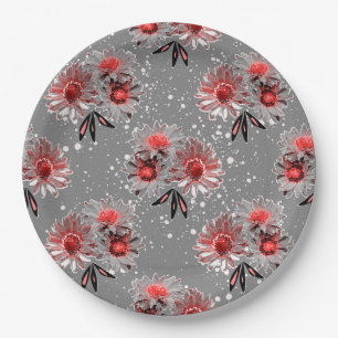 Red flowers on grey paper plate