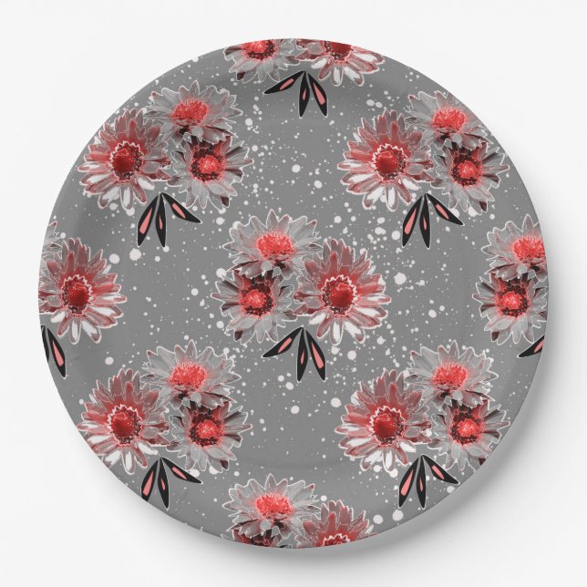 Red flowers on grey paper plate (Front)