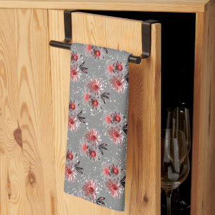 Red flowers on grey tea towel