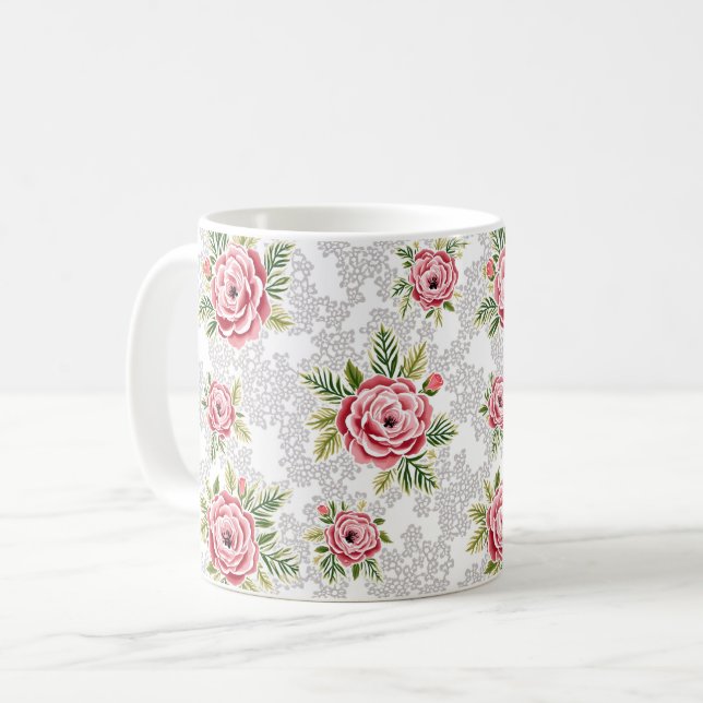 Red Flowers on Lacy Background Coffee Mug (Front Left)