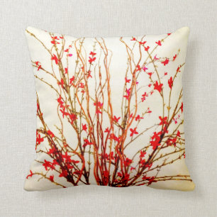 Red Flowers on Light Tan Throw Pillow