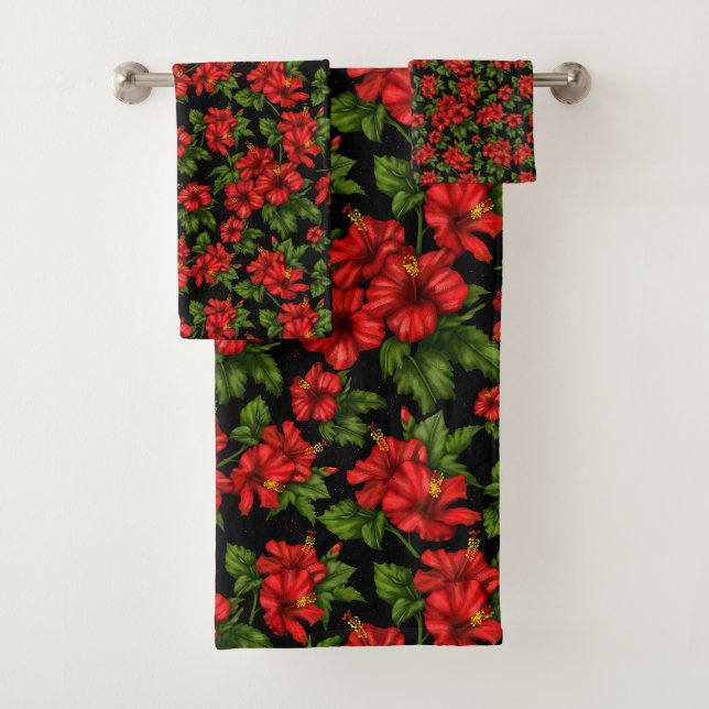 Red flowers on the black background bath towel set (Insitu)