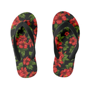 Red flowers on the black background kid's jandals