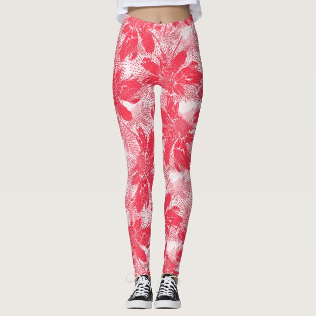 Red flowers on white. leggings (Front)