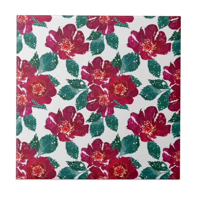 Red flowers on white. tile (Front)