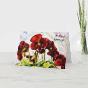 Red Flowers Pansies Art Birthday Card