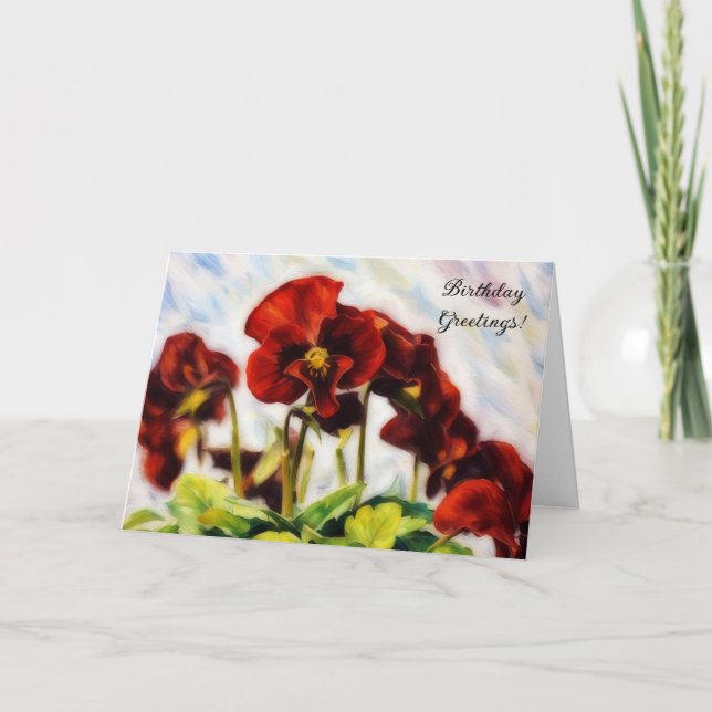 Red Flowers Pansies Art Birthday Card (Front)