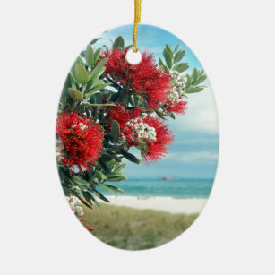 Red flowers paradise beach New Zealand summer Ceramic Tree Decoration