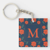 Red Flowers Pattern Dark Blue Monogram