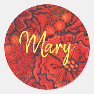 Red Flowers personalised monogram name custom text Classic Round Sticker