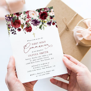 Red Flowers, Pink Flowers, First Holy Communion Invitation