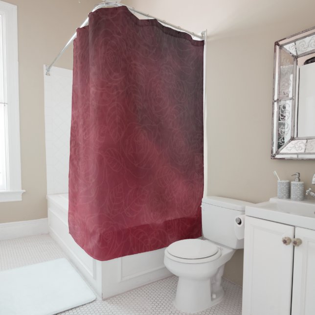 Red Flowers print shower curtain (In Situ)