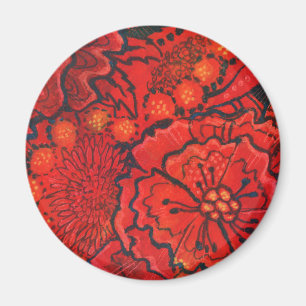 Red Flowers, Quirky Flower Abstract Floral Art Magnet