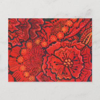 Red Flowers, Quirky Flower Abstract Floral Art Postcard