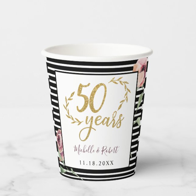 Red Flowers Rose 50th Anniversary Gold Glitter  Paper Cups (Front)