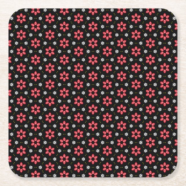 Red Flowers Square Paper Coaster (Front)