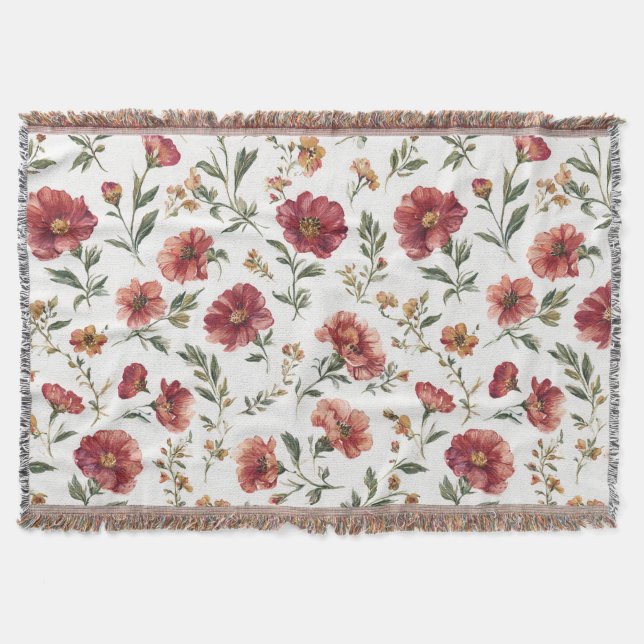 Red Flowers Stripes Throw Blanket (Front)