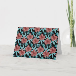Red flowers tropical seamless pattern &blue leaves card