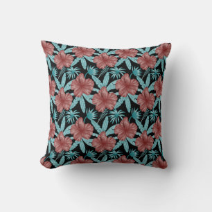 Red flowers tropical seamless pattern &blue leaves cushion
