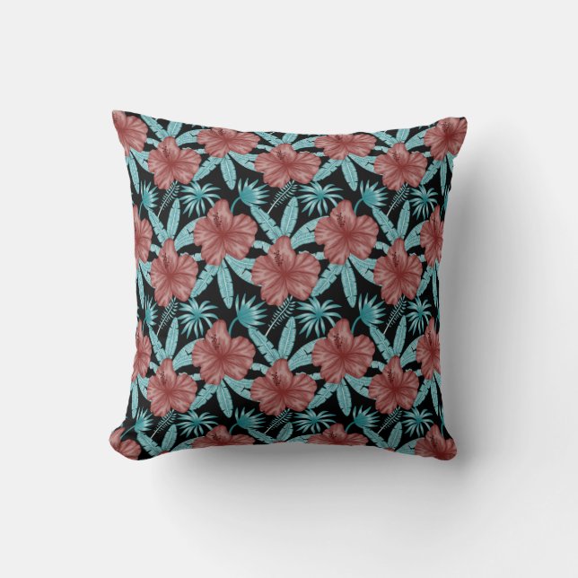 Red flowers tropical seamless pattern &blue leaves cushion (Front)