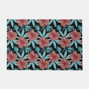 Red flowers tropical seamless pattern &blue leaves doormat