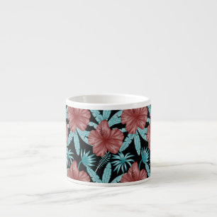 Red flowers tropical seamless pattern &blue leaves espresso cup