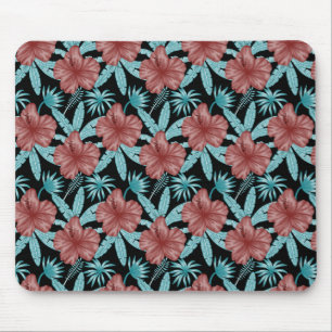 Red flowers tropical seamless pattern &blue leaves mouse pad