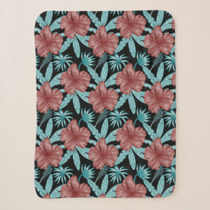 Red flowers tropical seamless pattern &blue leaves sherpa blanket