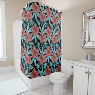 Red flowers tropical seamless pattern &blue leaves shower curtain