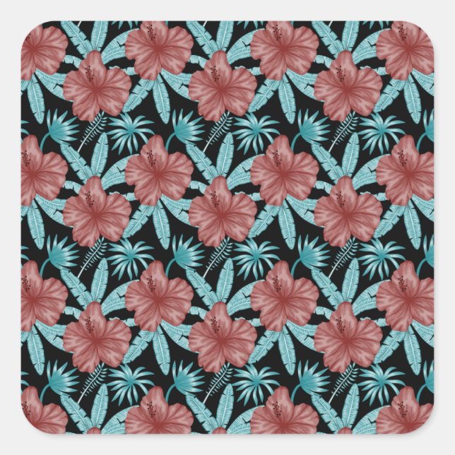 Red flowers tropical seamless pattern &blue leaves square sticker (Front)