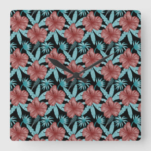 Red flowers tropical seamless pattern &blue leaves square wall clock