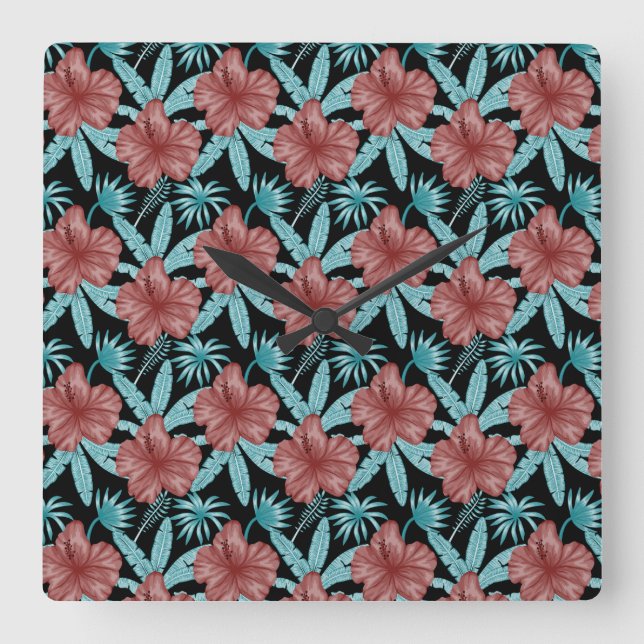 Red flowers tropical seamless pattern &blue leaves square wall clock (Front)