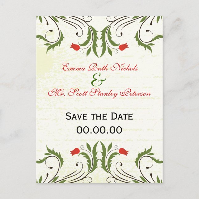 Red Flowers Vintage  Save The Date Postcard (Front)