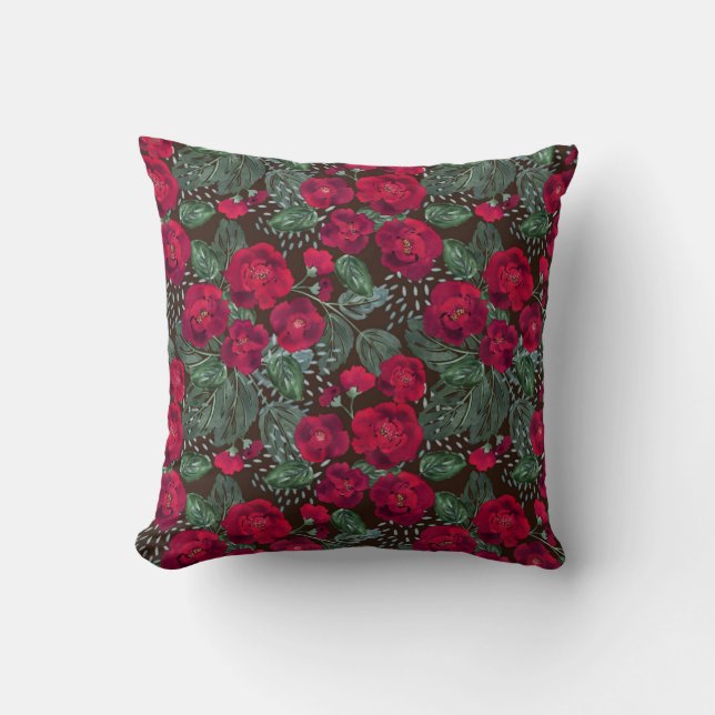 Red flowers, watercolor floral pattern. cushion (Front)