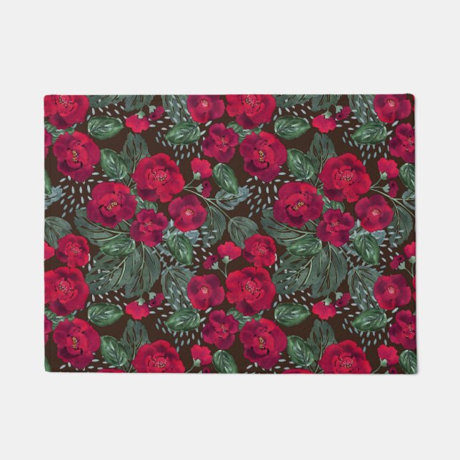 Red flowers, watercolor floral pattern. doormat (Front)