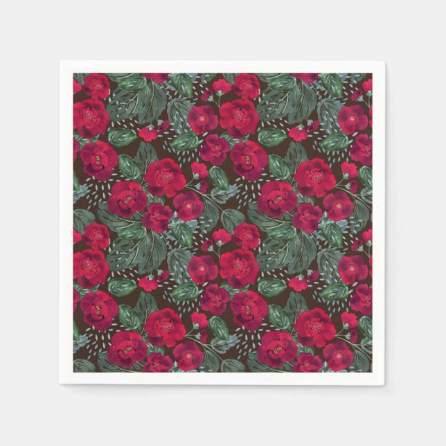 Red flowers, watercolor floral pattern. napkin (Front)